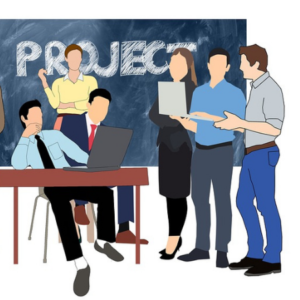 Social media marketing - disegno gruppo di professionisti al lavoro e lavagna con scritto Project